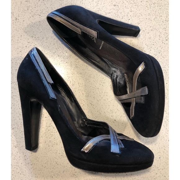 Prada Black Suede DECO Leather Trim Heels 37.5 7 - Picture 4 of 8